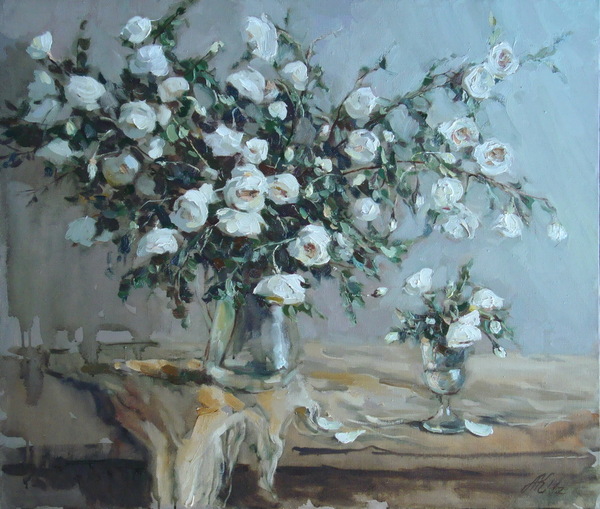 Чайные розы 白玫瑰 60х70布面油画 2014年.jpg