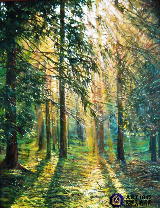 油画阳光透过树林图片图片
