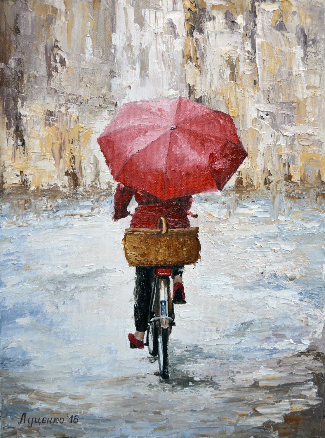 walk under the rain 在雨中漫步 40x30 布面油画 2016年jpg