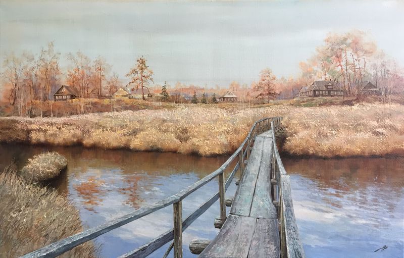 Деревянный мостик木桥  45х70 布面油画  2017年.